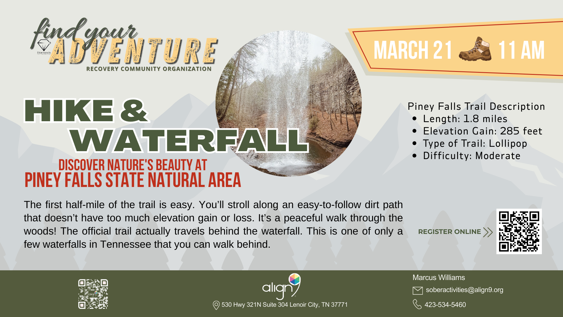 FYA Hiking Waterfall Piney Falls March 2026